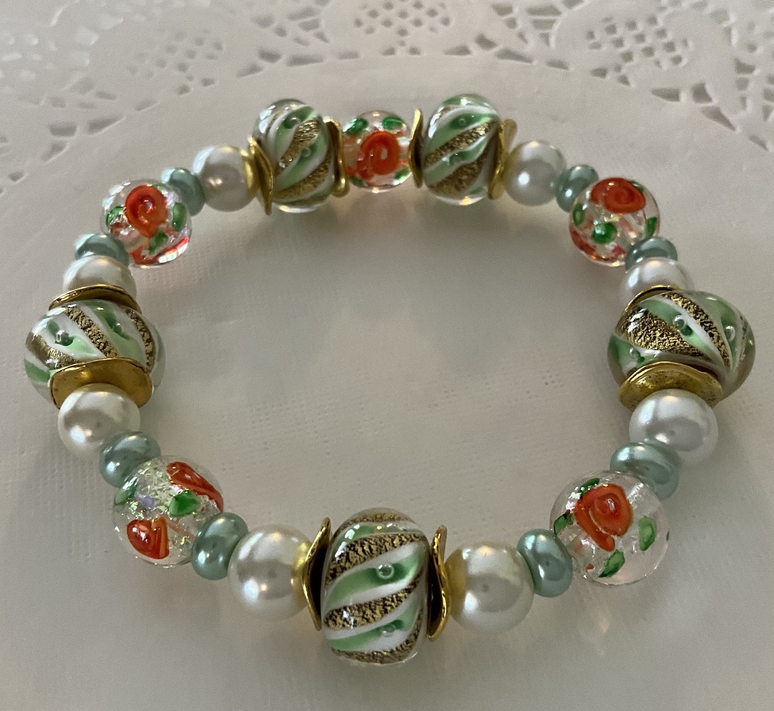 Ladies Beautiful Green & Orange Floral LampWork Beaded Stretch Bracelet 7.5”