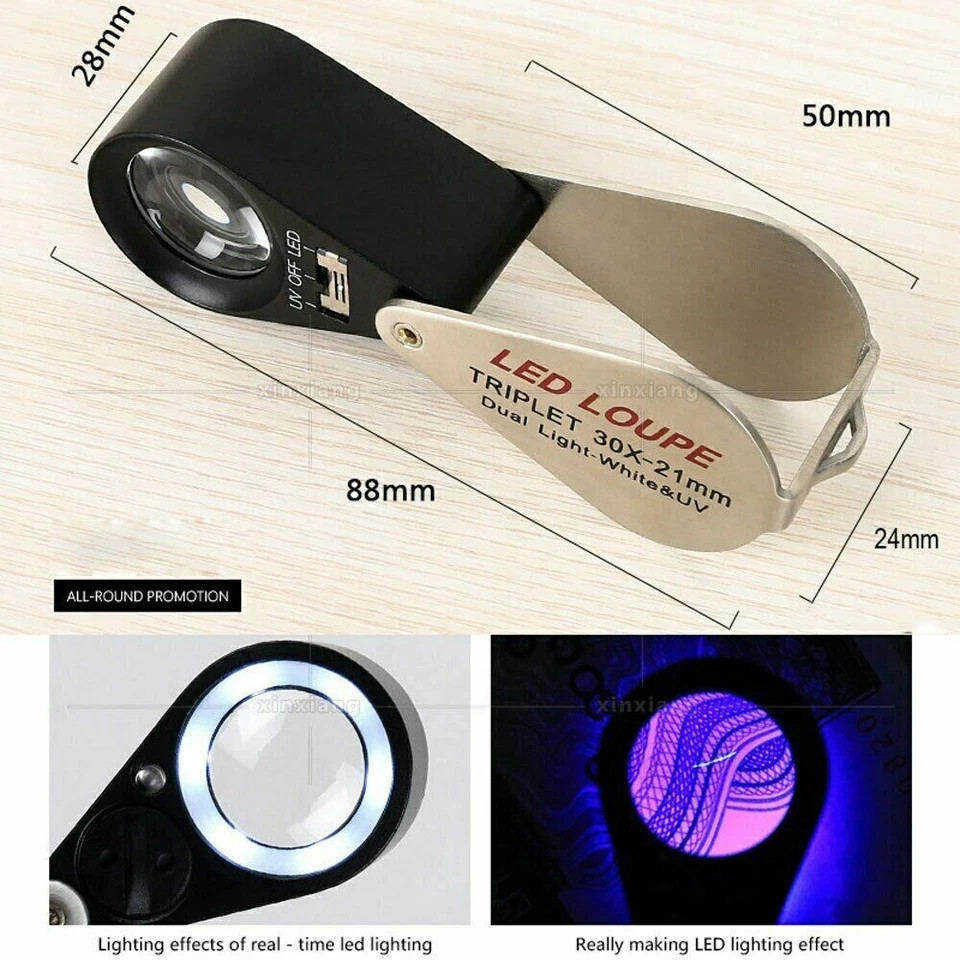 10X 20X 30X 40X 21mm Magnifying LED Triplet Loupe Dual Light White &UV Magnifier