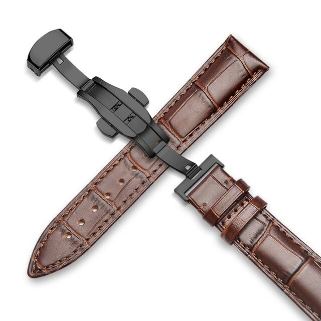 12-24MM Watch Band Strap Genuine Leather Deployment Clasp Buckle Black