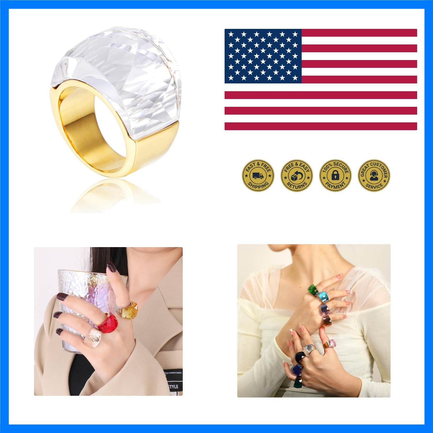 Crystal Glass Stainless Steel Band Ring Gold-Tone Plated Fashion Exaggerated …