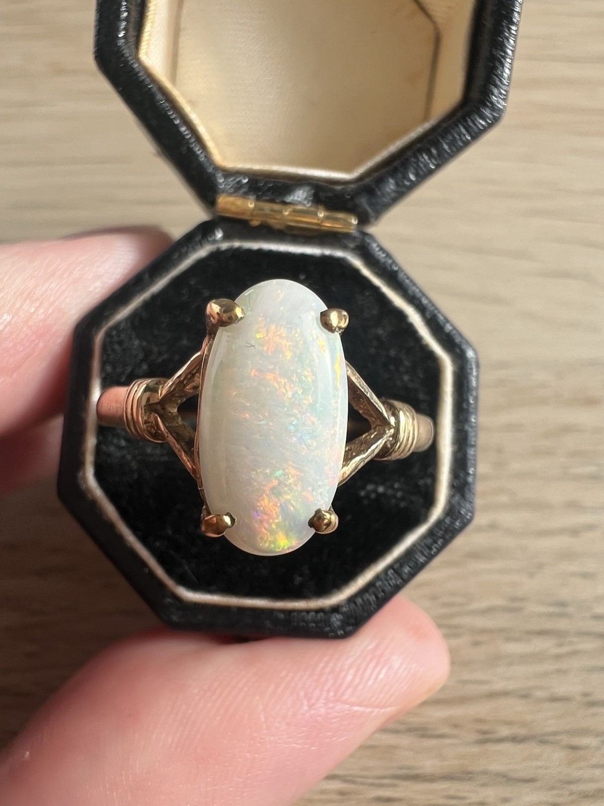 Vintage 9 Carat Solid Opal Ring with Beautiful Fire, Size Q 1/2