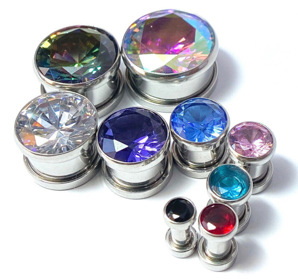 PAIR Large Gem Screw Fit Tunnels Plugs Gauges Earlets Piercing Body Jewelry