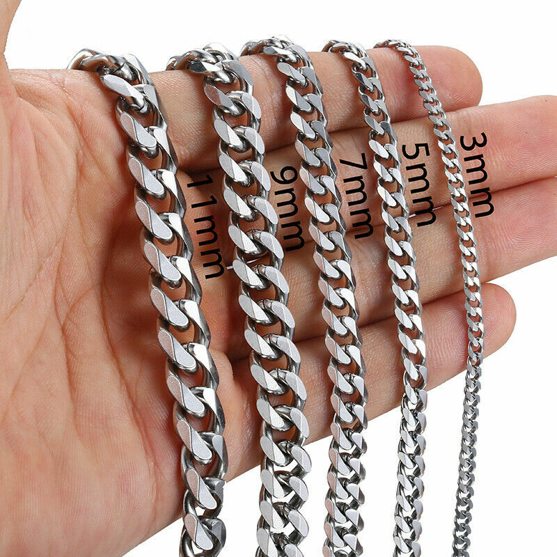 3-11mm Silver/Gold Plated Stainless Steel Cuban Link Necklace Chain Choker 16-24