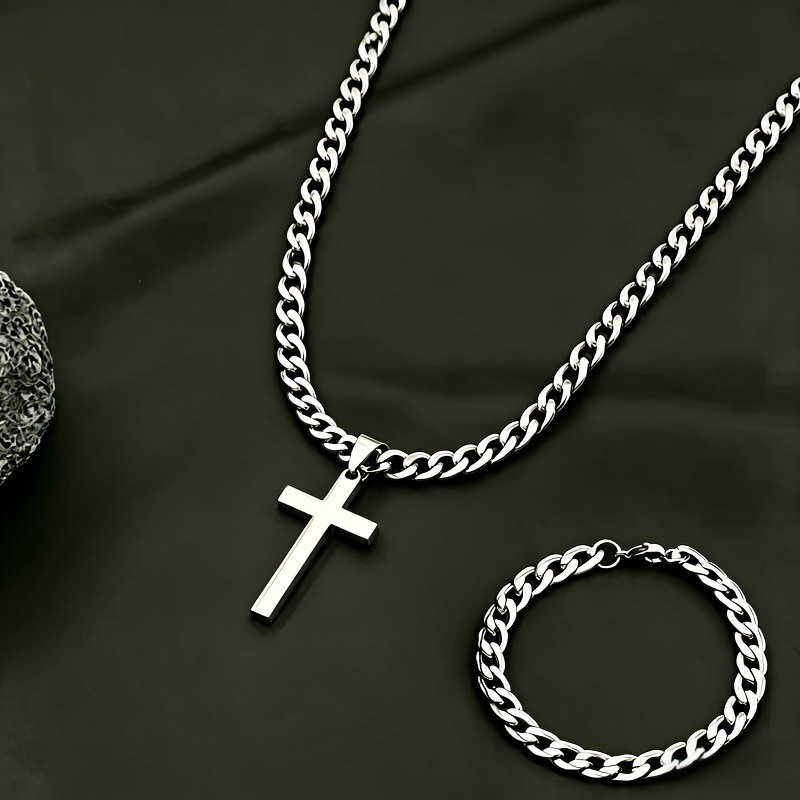 Stainless Steel Cross Pendant Necklace Set, Cuban Twist Chain + Cross, Unisex