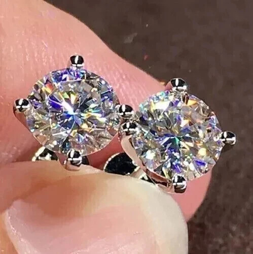 Round Cut 2Ct Real Moissanite Solitaire Stud Earrings 14K White Gold Plated