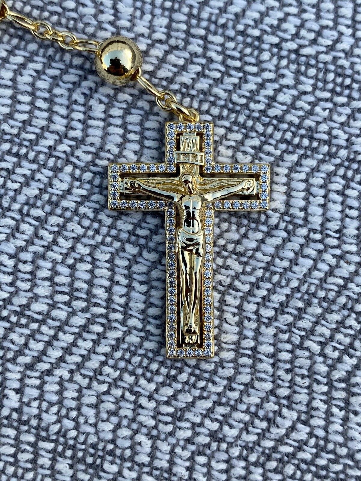 MOISSANITE Rosary Beads Necklace 14k Gold Plated 925 Silver Rosario Jesus 30″