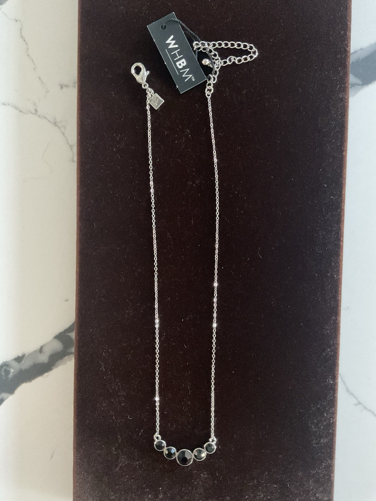 WHBM Silver Tone Adjustable Cable Chain Necklace w/ 5 Round Black Pendant Stones