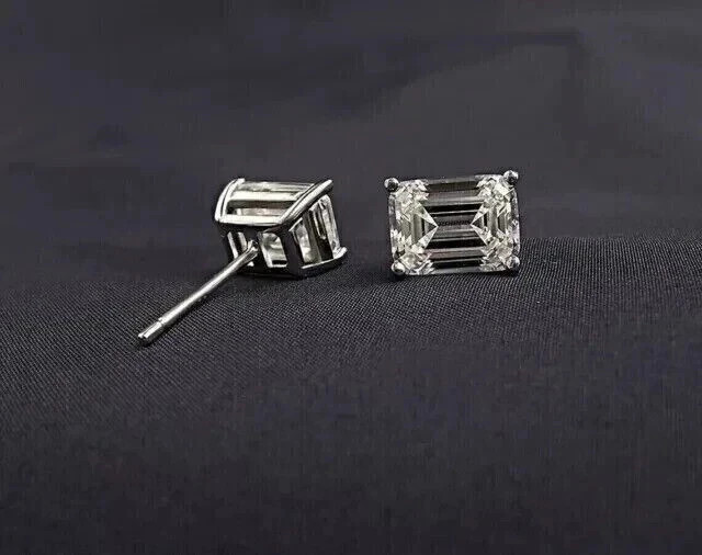 4Ct Emerald Cut Lab Created Diamond Women’s Stud Earrings 14 K White Gold Plated
