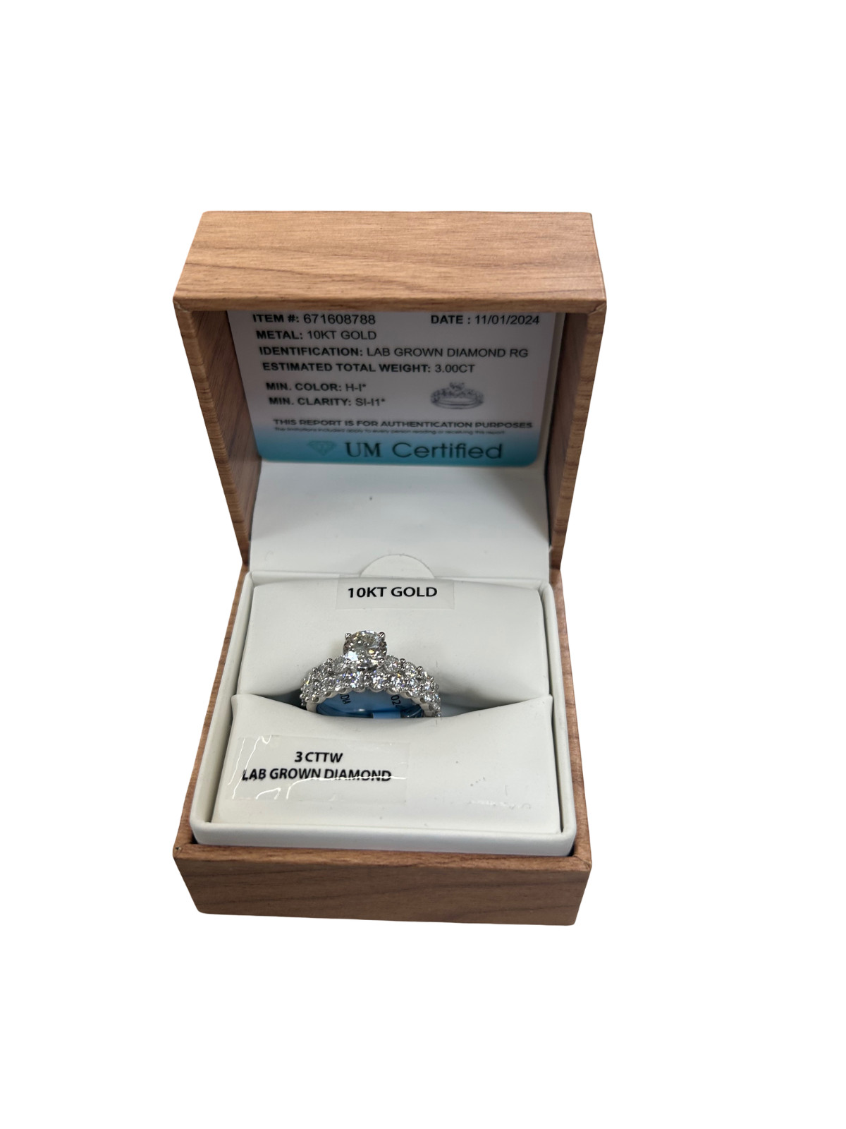 “3 CTW Lab-Grown Diamond Solitaire Ring w/ Accent Stones 10KT White Gold UM Cert