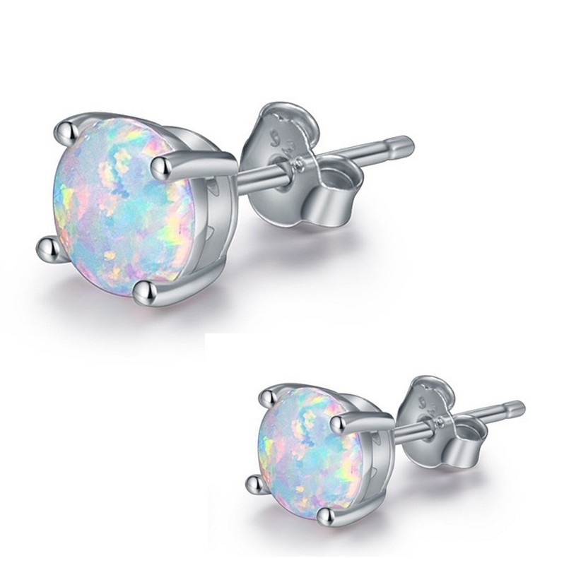 Women Classic 925 Sterling Silver Round Fire Opal Stud Earrings Gift Box PE19