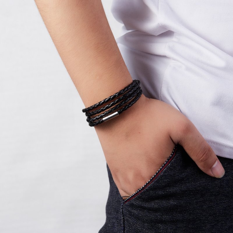 Unisex Women Men Braided Leather Steel Magnetic Clasp Bracelet Handmade Jewelry