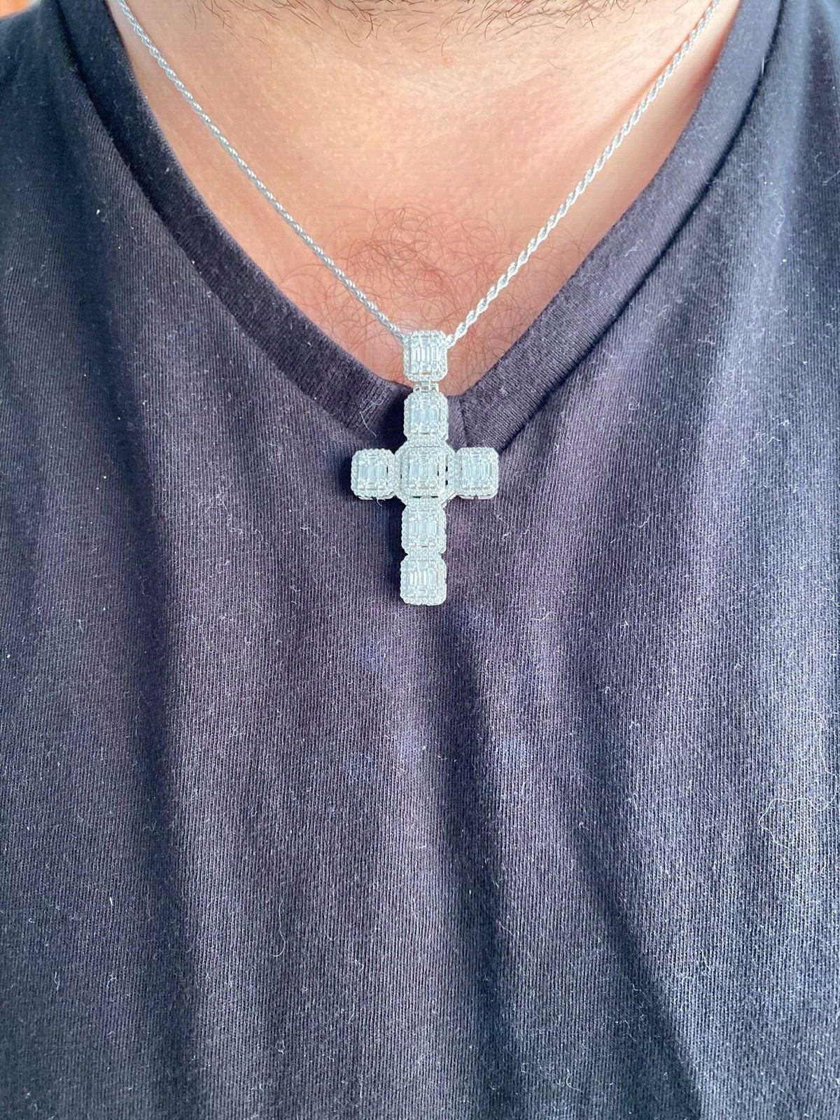 Baguette MOISSANITE Iced Cross Hip Hop Pendant – Pass Tester Silver Gold Plated
