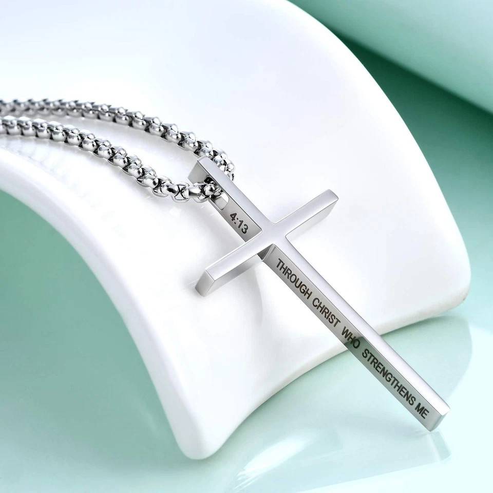 Men Women Cross Necklace Stainless Steel Christian STRENGTH Pendant Chain 24″