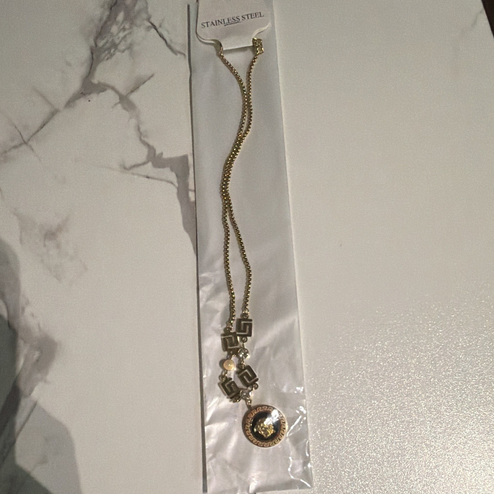 Gold Tone Stainless Steel Snake Chain Round Charm Crystal Pendant Necklace 18in