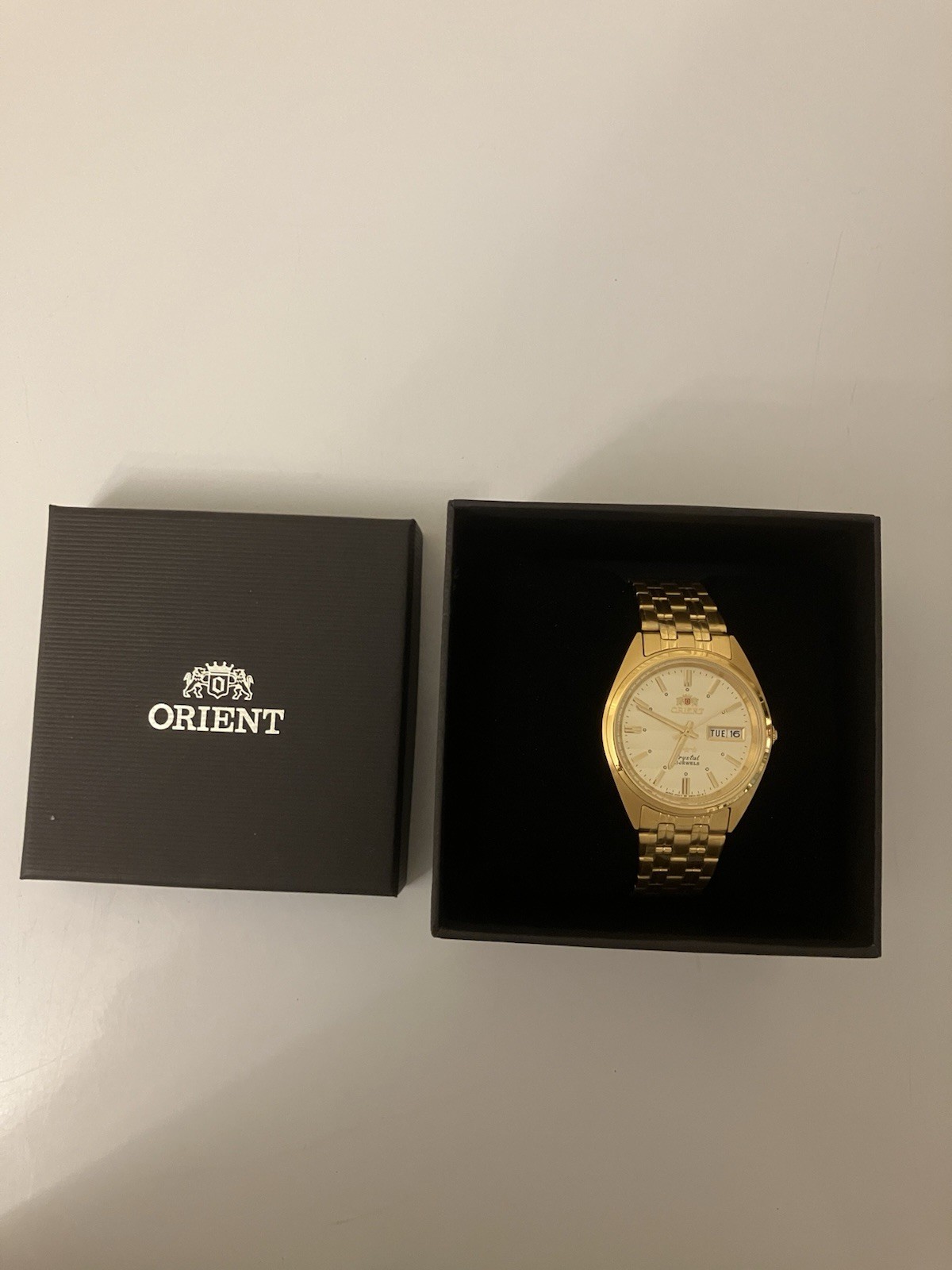 Orient Automatic TriStar Day-Date, New In Box, Champagne Gold Tone