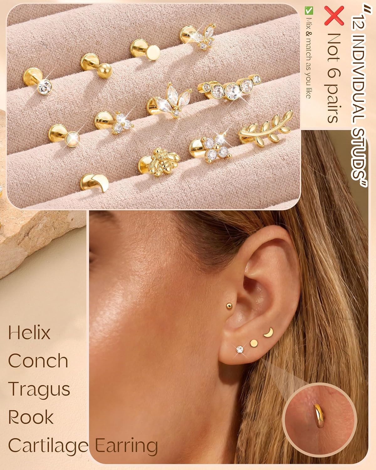 14K Gold Plated Threadless Flat Back Earrings for Women Men | 316L Surgical Stee
