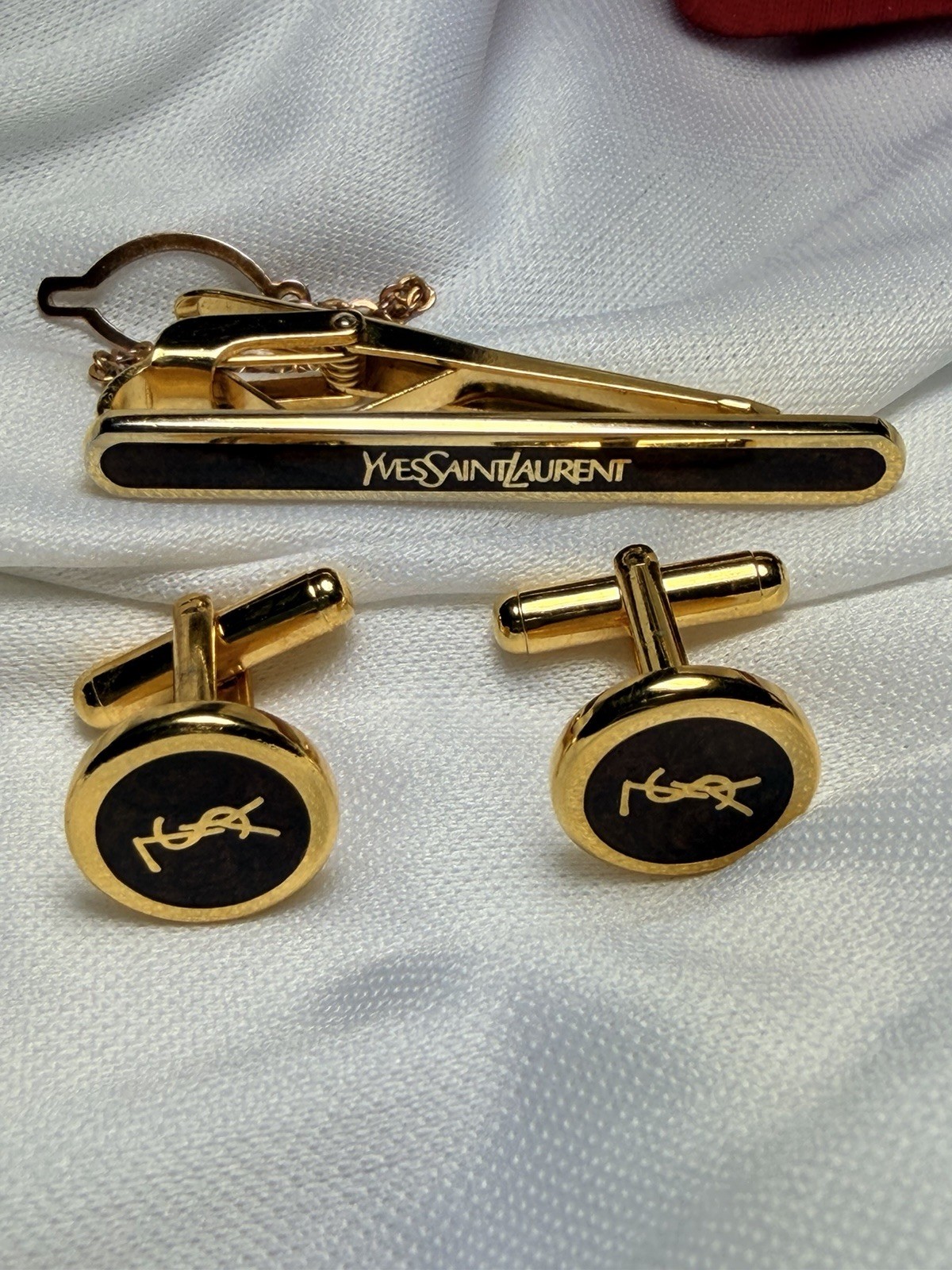 Yves Saint Laurent Signed 24k GF Gold-Plated Onyx Bullet Back Cufflinks