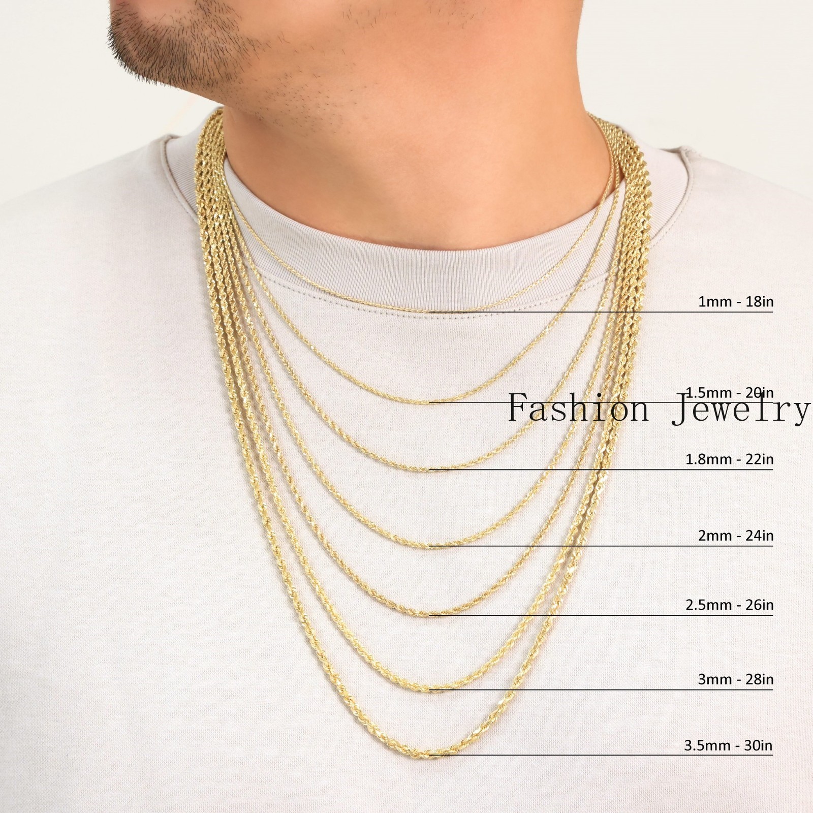 18K Yellow Gold Solid 2mm-6mm Rope Diamond Cut Chain Italian Necklace 16″- 30″