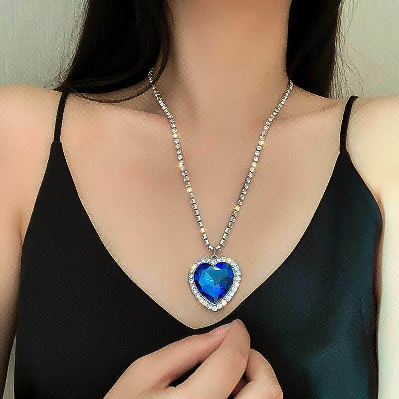 Huge Platinum White Gold Titanic Heart of the Ocean Blue Rhinestone Necklace