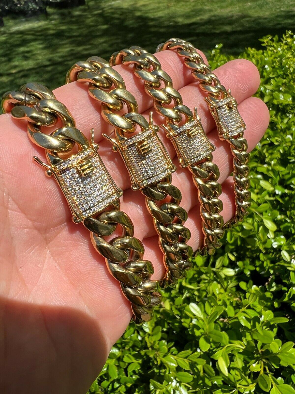 Miami Cuban Chain Necklace Bracelet 14k Gold Plated Stainless MOISSANITE Clasp