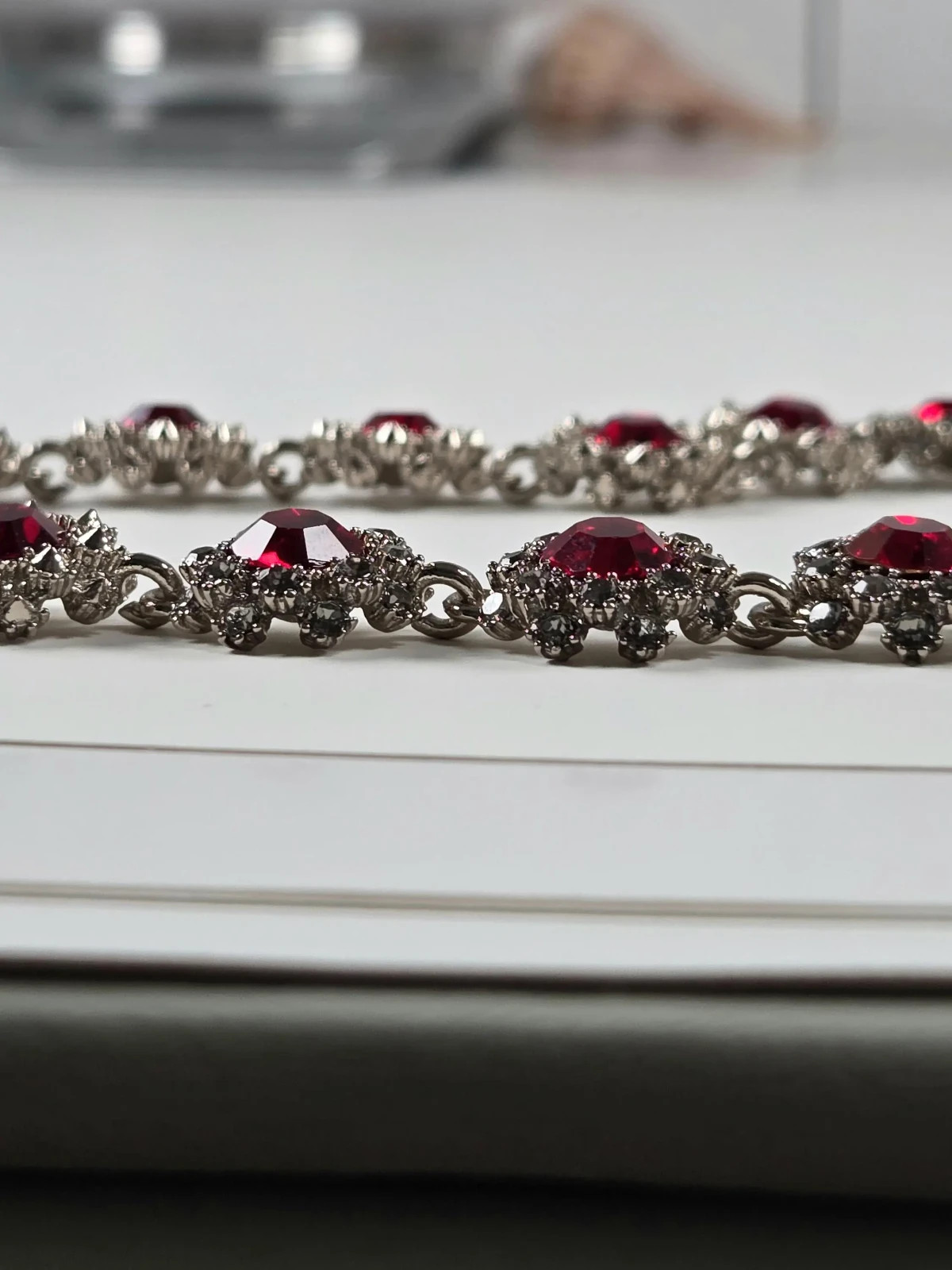 Simulated Red Statement Choker, Rhinestone Silver Tone Necklace