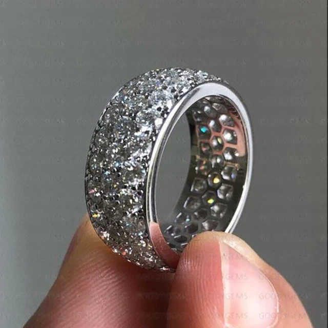 3CTw Round Cut Real VVS1 Moissanite Eternity Wedding Band 14K White Gold Plated