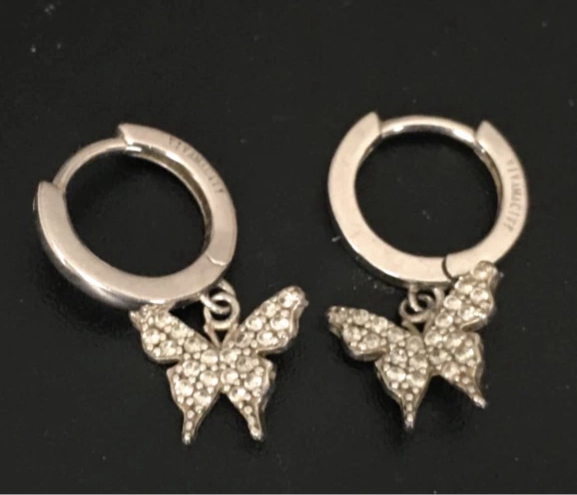 Silver Huggie Hoop Earrings Hinged Butterfly Dangle Pavé Simulated Crystal