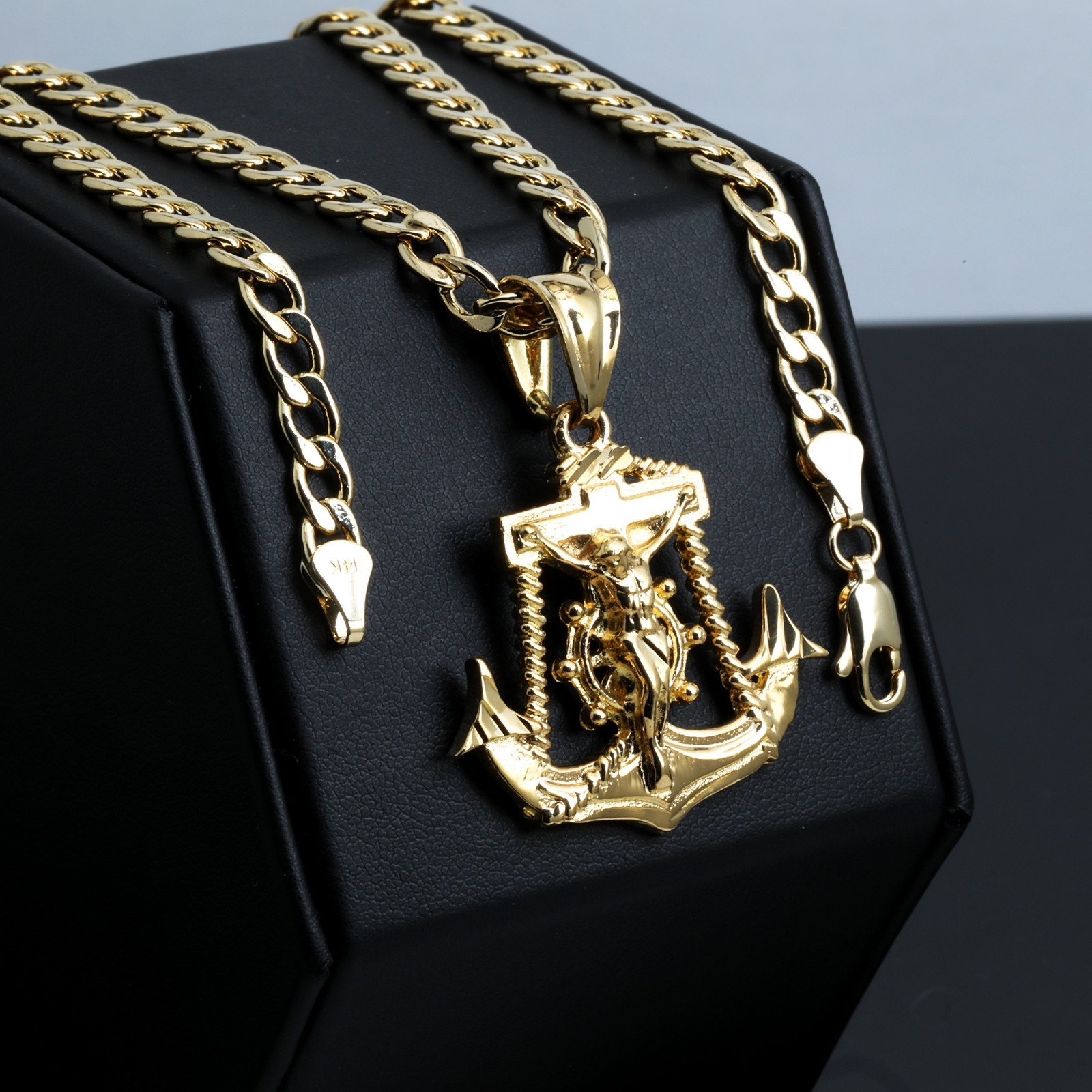 Jesus Anchor Charm Pendant 14k Gold Plated Brass 5mm 20″ Cuban Choker Chain 03
