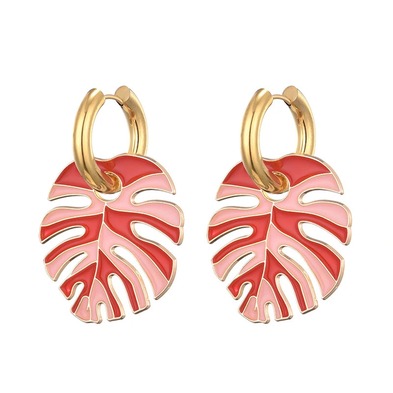 Colorful Big Leaf Pendant Gold Color Stainless Steel Earrings For Women