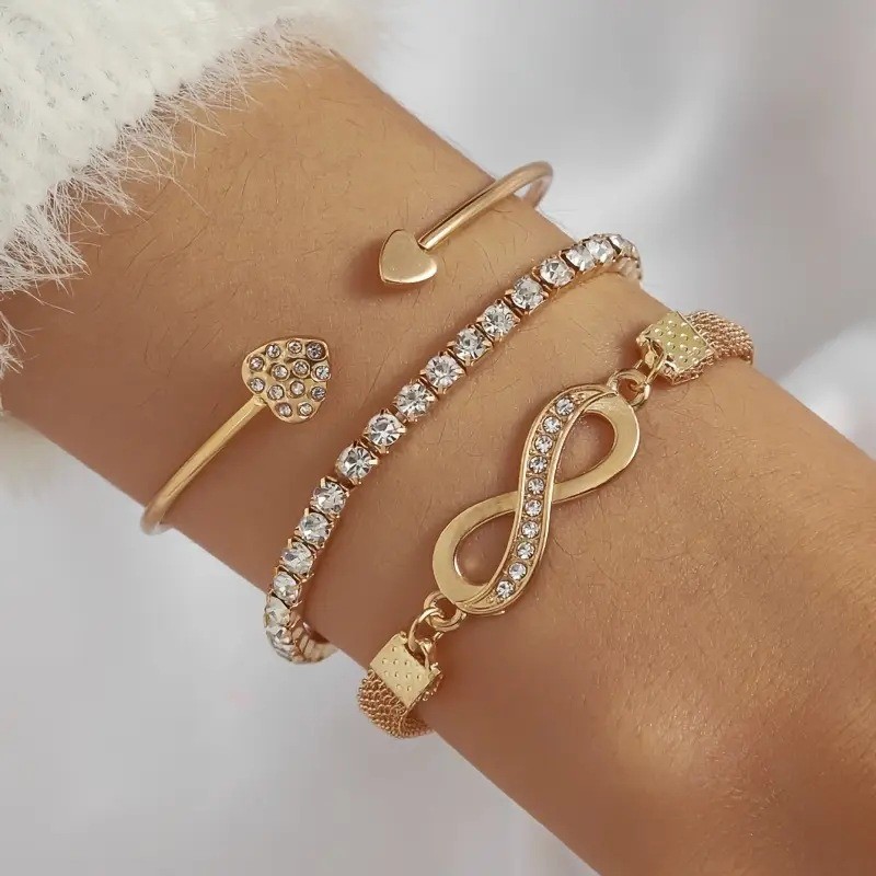 Women’s Fashion Heart Bracelet Inlaid Rhinestone Alloy Bracelet Jewelry Set