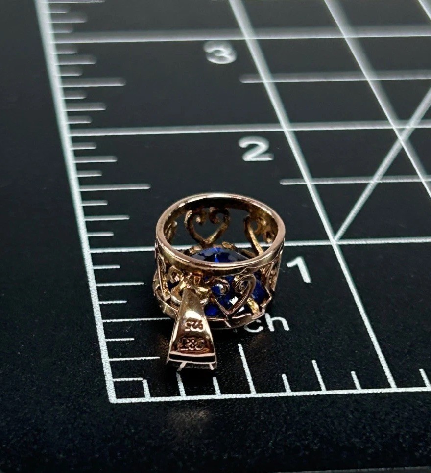 J&T 925 Sterling Silver Pendant Blue Glass Stone RoseGold Vermeil Heart Filigree