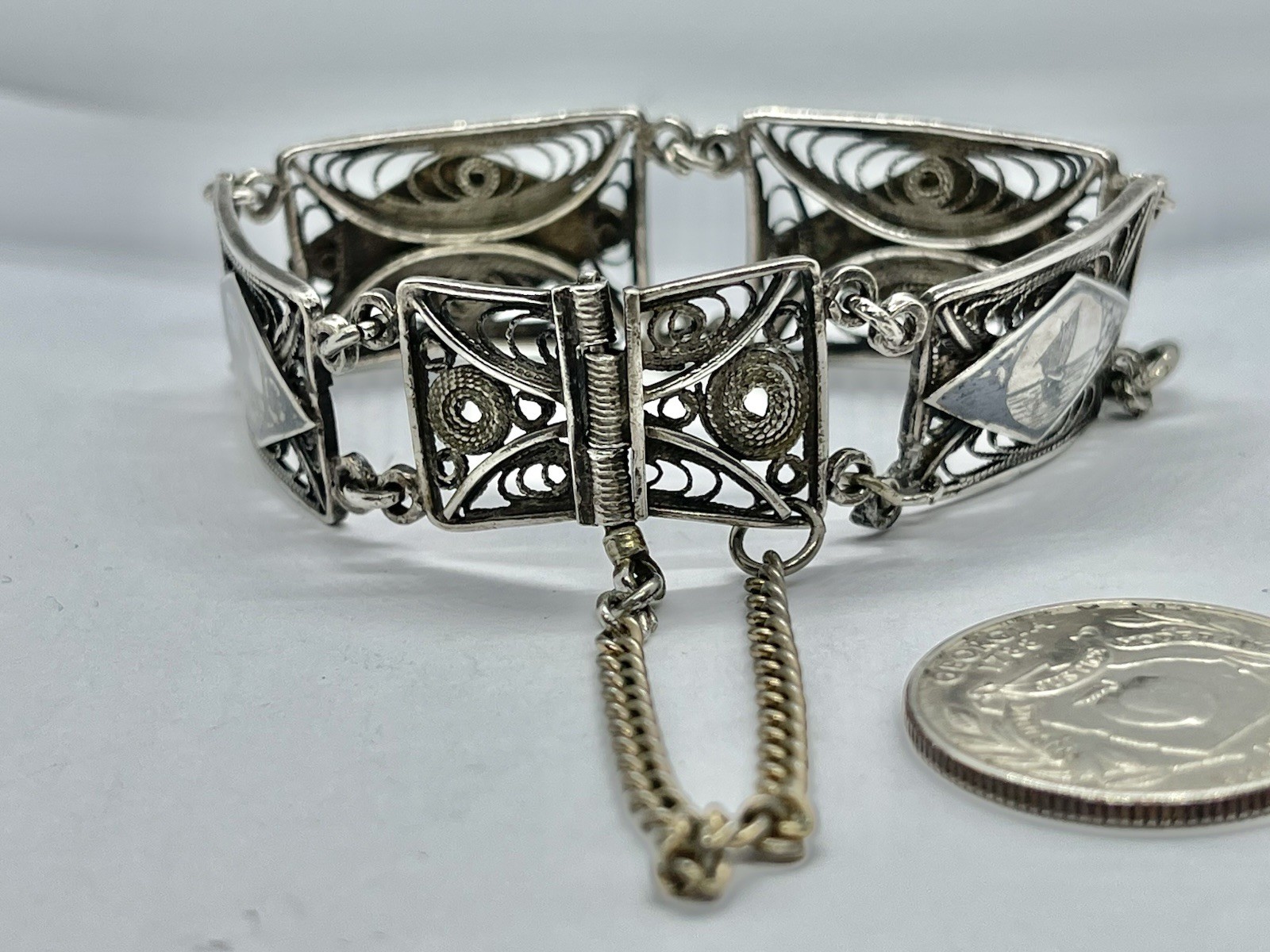 Antique Vintage Sterling Filigree 4 Picture Panel Bracelet 6 1/2” AS IS