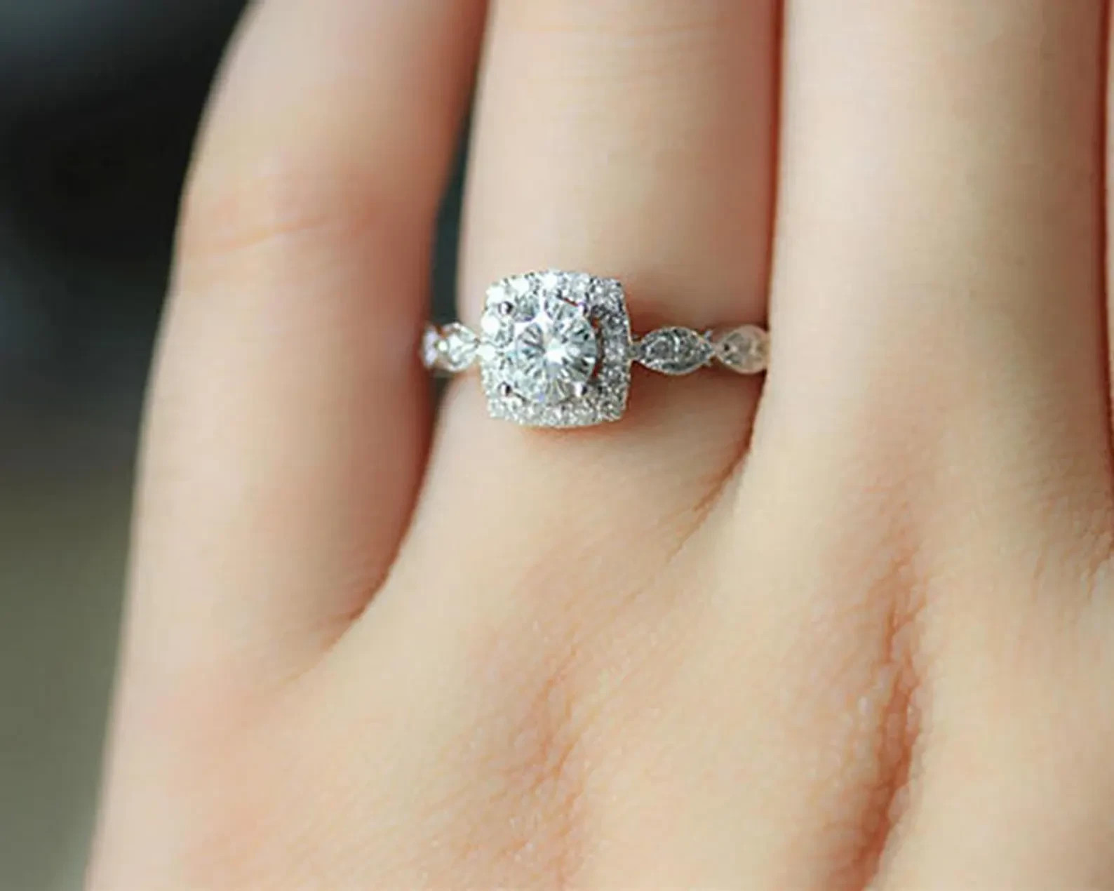 Round Moissanite Engagement Ring In Sterling Silver, Halo Anniversary Ring