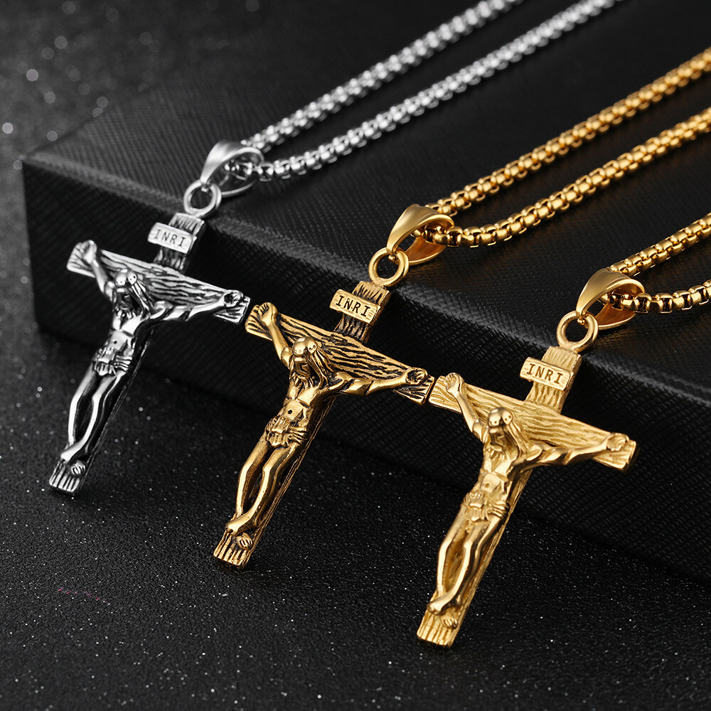 Men’s Stainless Steel Jesus Christ Crucifix Cross Pendant Chain Necklace