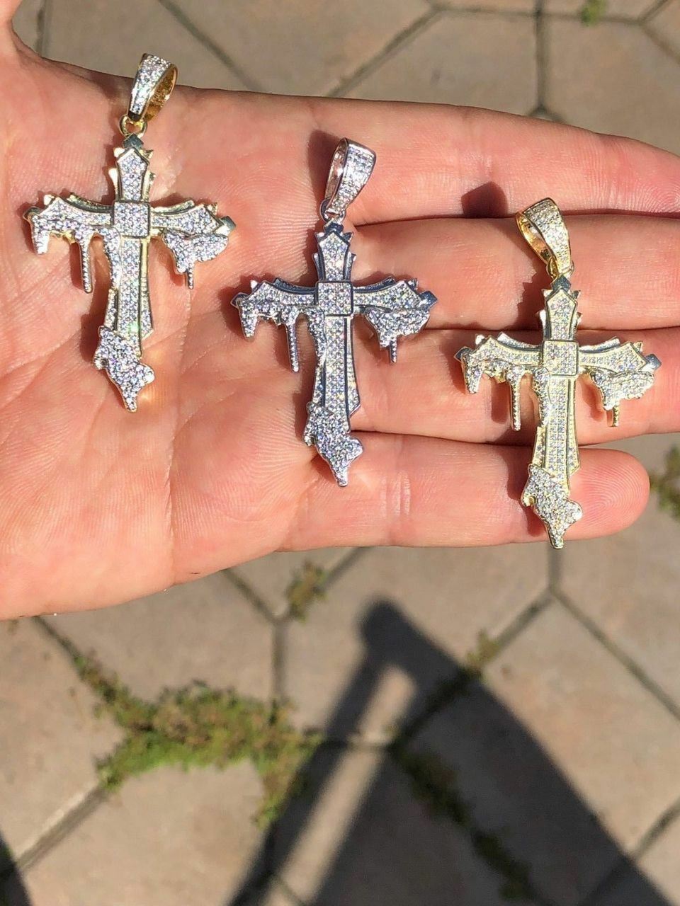 Solid 925 Sterling Silver Gold Plated Dripping Cross Mens Icy Pendant Flooded CZ