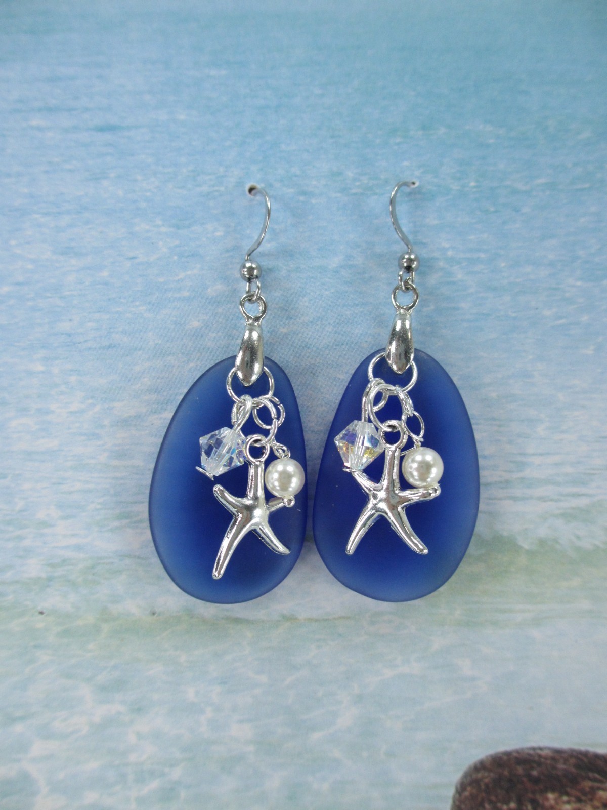Sea Glass Earrings Made With Swarovski Crystal Bead Pearl Drop Starfish Beach