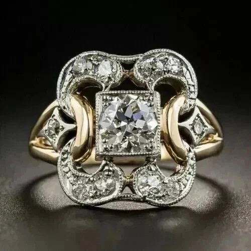 Vintage Art Deco Style Round Lab Created Diamond Engagement 14K Gold Finish Ring