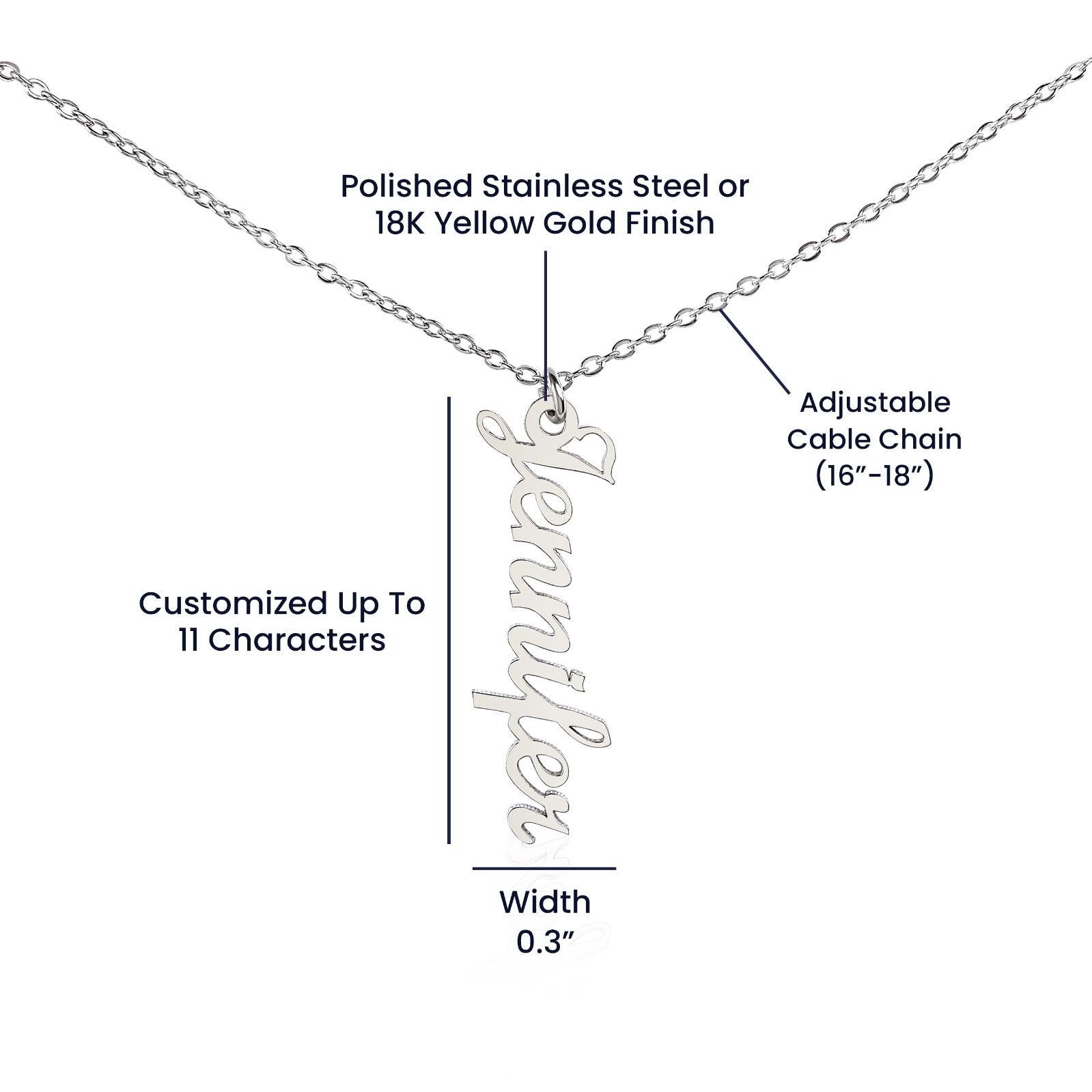 Personalized Vertical Name Necklace Custom Script Pendant Gift Box Silver Gold