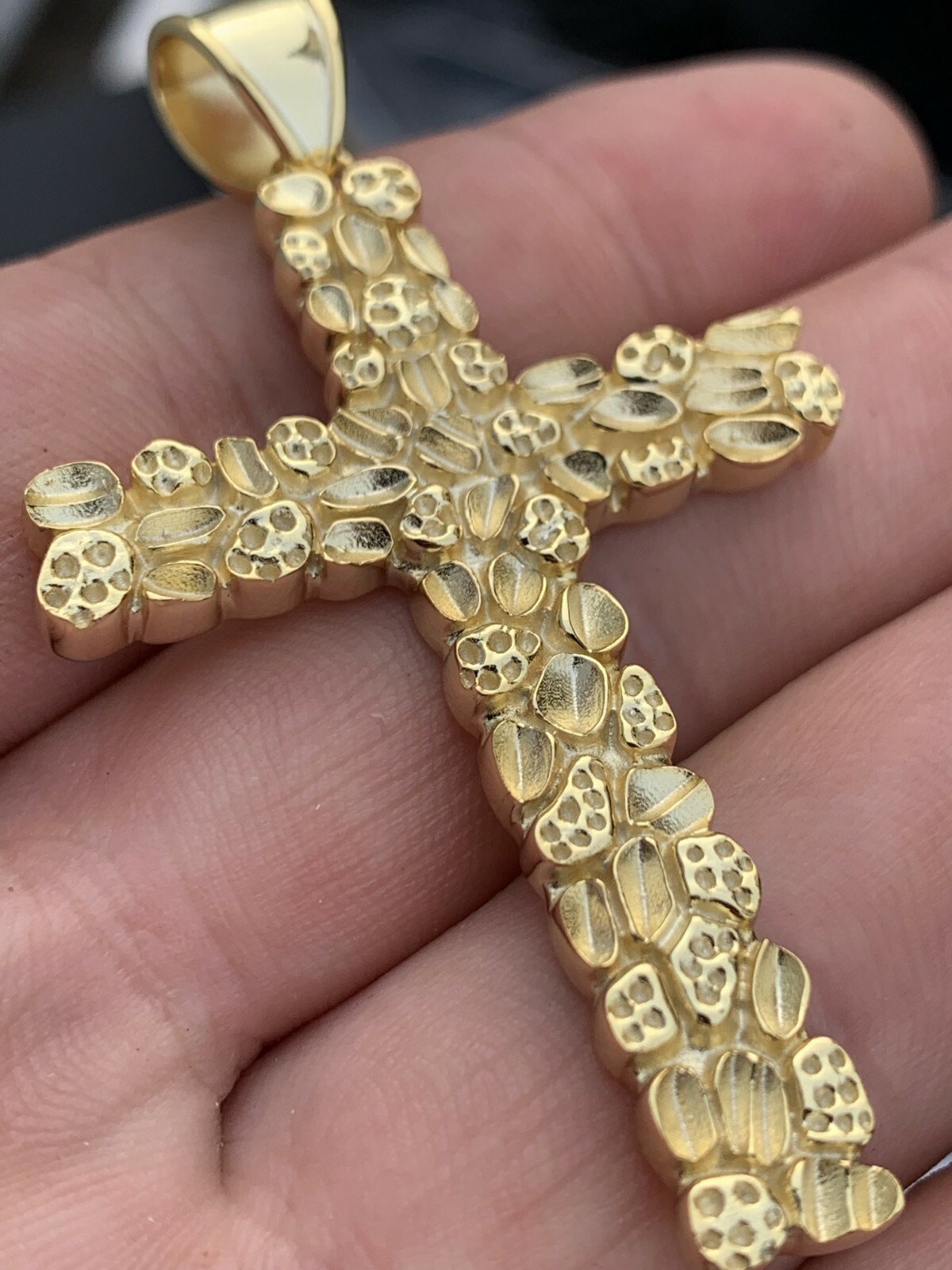 Mens Large Gold Nugget Cross 14k Gold Plated Solid 925 Silver Necklace Chain