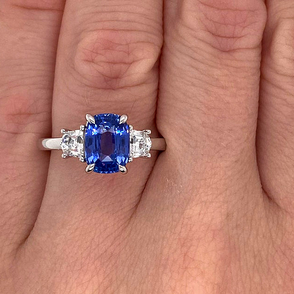 14k Gold Engagement Ring 3.10 Ct Lab Created Diamond Cushion Blue Sapphire White
