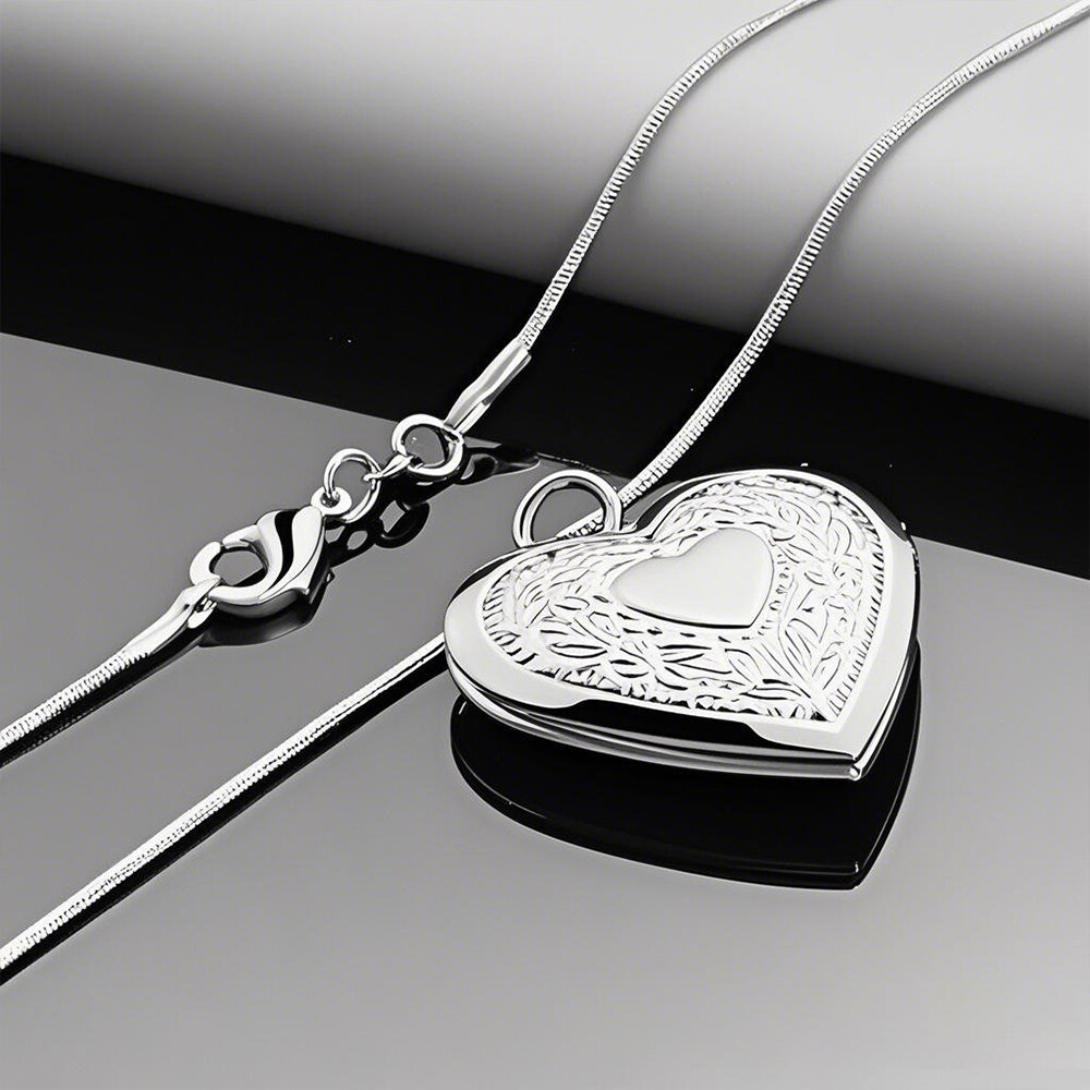 925 Sterling Silver Plated Heart Necklace, Locket Photo Picture Pendant 18″ N1