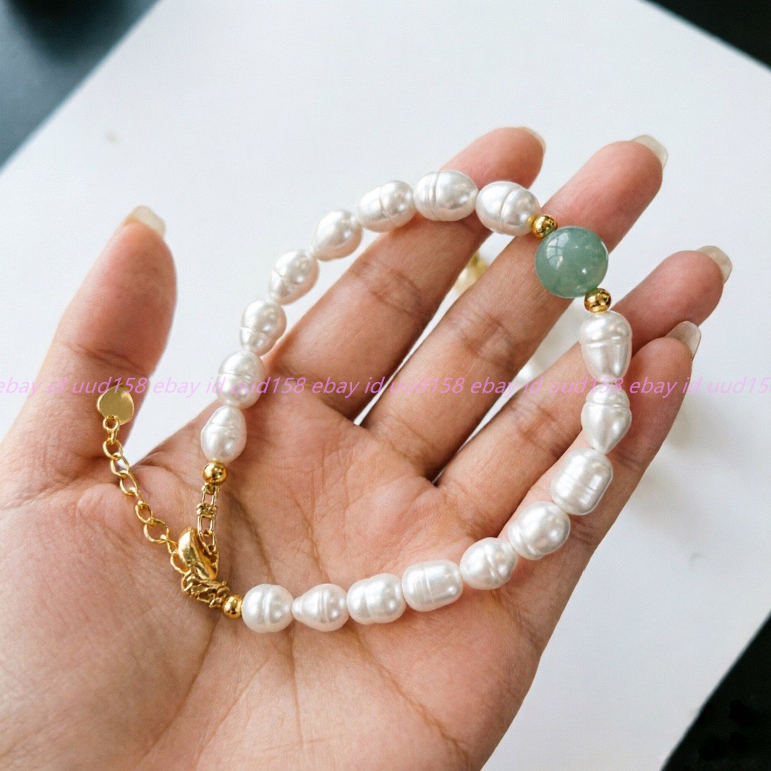 Natural 9-10mm White Freshwater Rice Pearl Green Dongling Jade Bracelet 7-9in