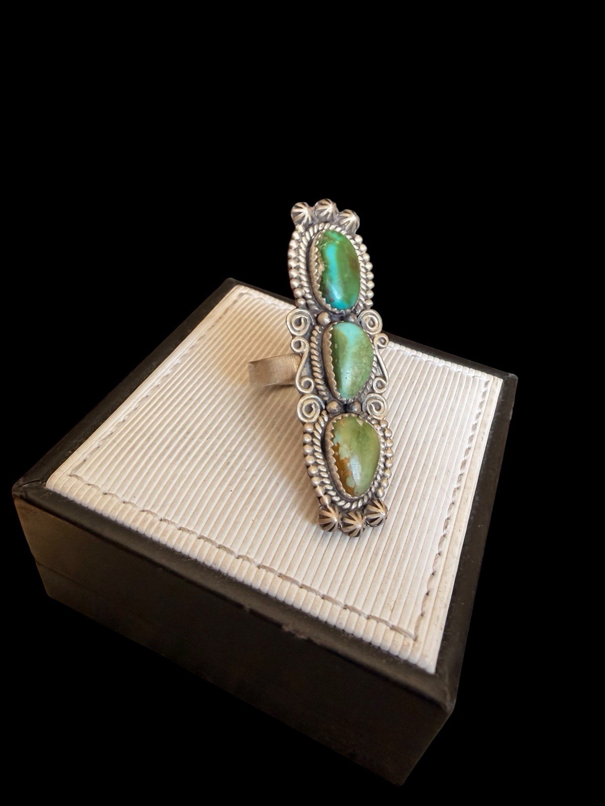 Beautiful Southwest Sterling Silver Triple Green Turquoise Ring See Description