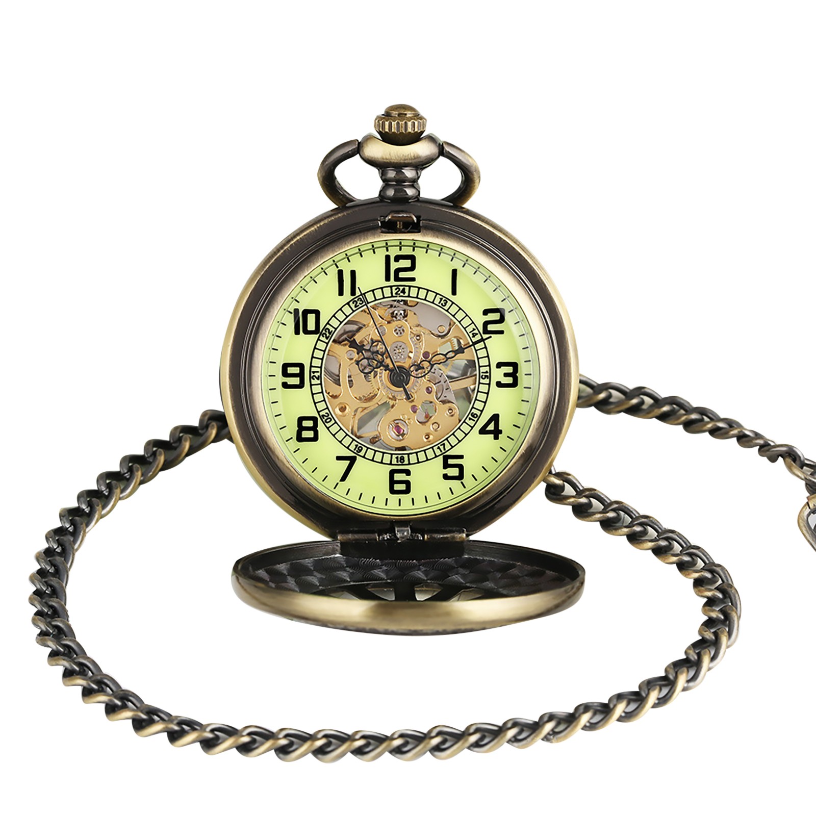 Luxury Classic Mechanical Black Steampunk Skeleton Pocket Watch with Chain