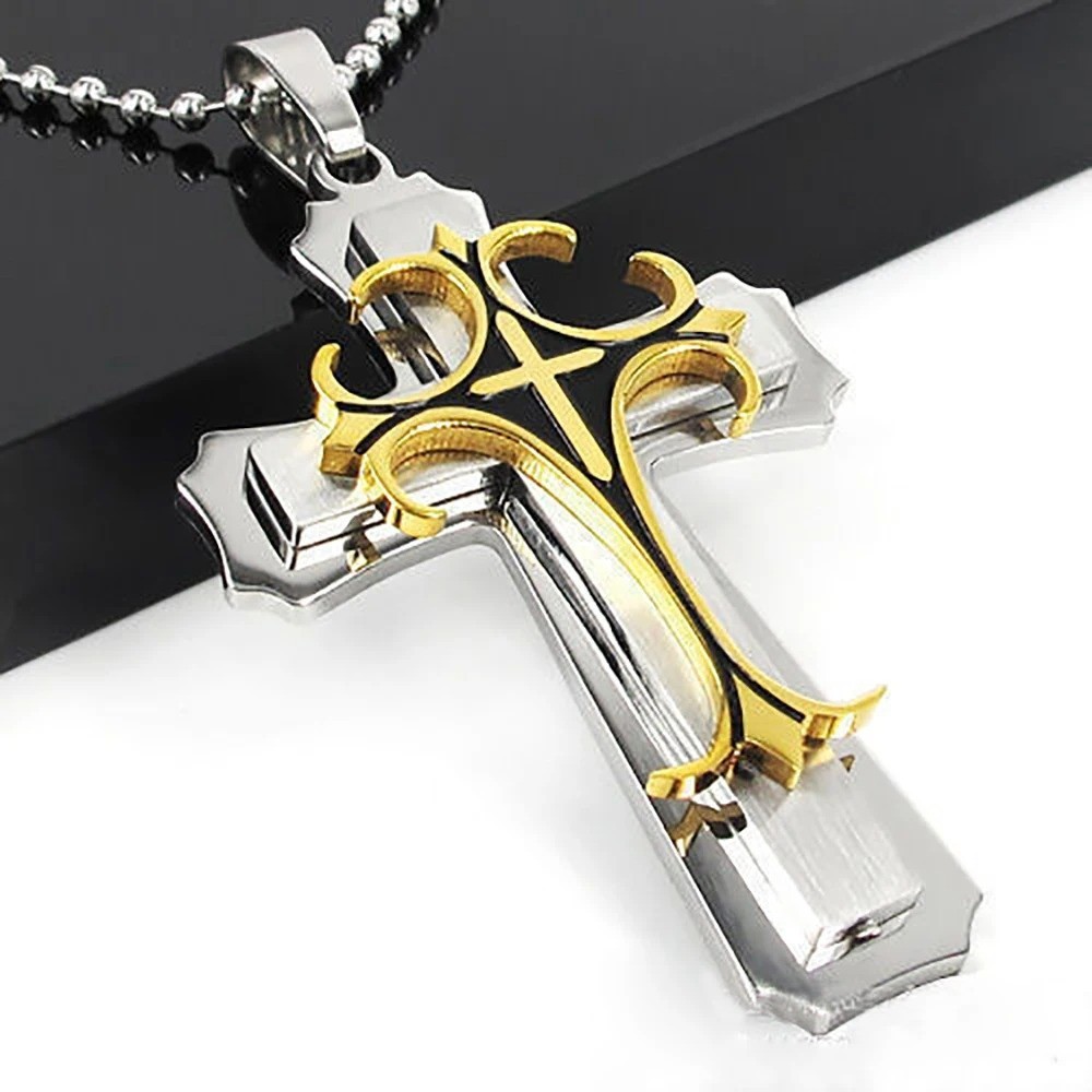 Cross Pendant Necklace Stainless Steel Crucifix Cuban Gold Black Men Unisex New