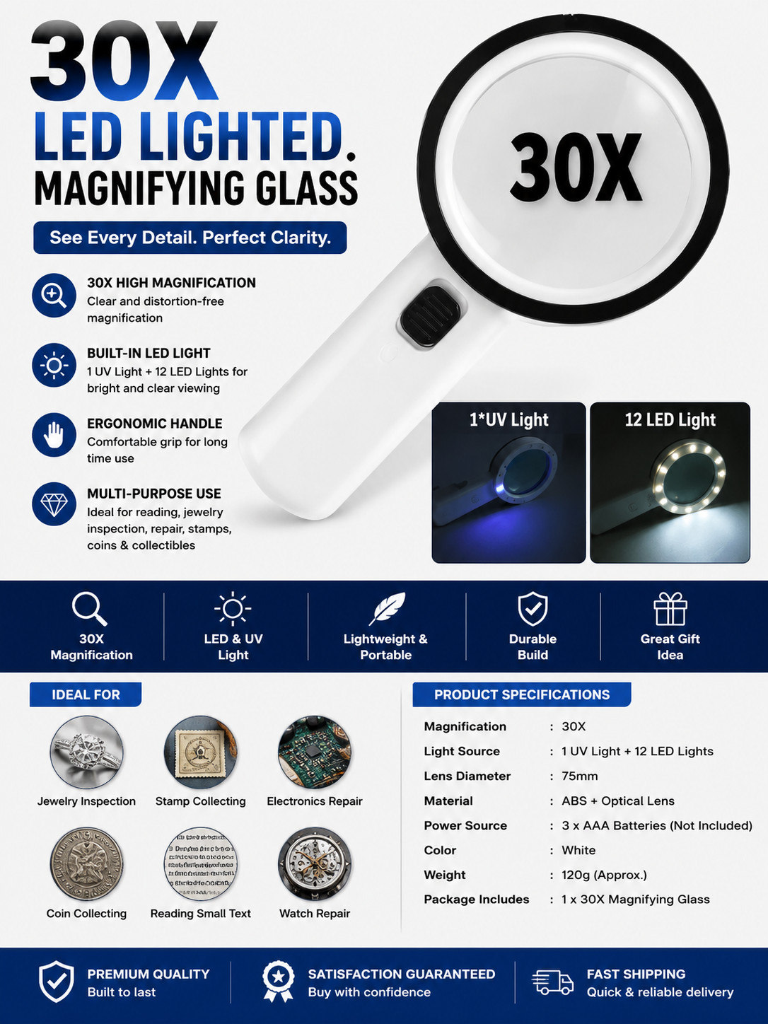 30X Jumbo Handheld Magnifying Glass w/ 12 Bright LED Light Illuminated Magnifier