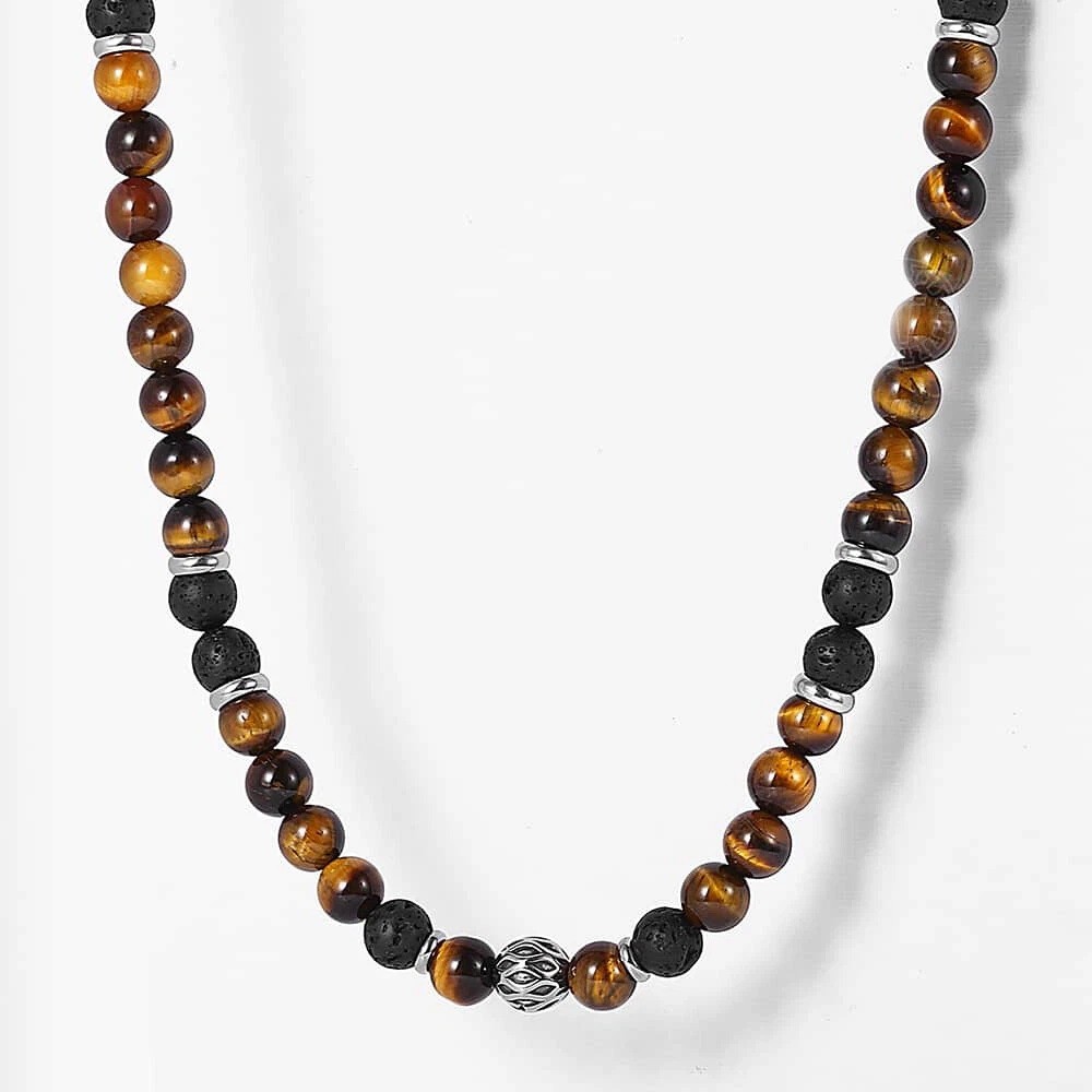 24″ Men’s 8mm Natural Tiger Eye Lava Bead Necklace Stainless Steel Toggle Gift