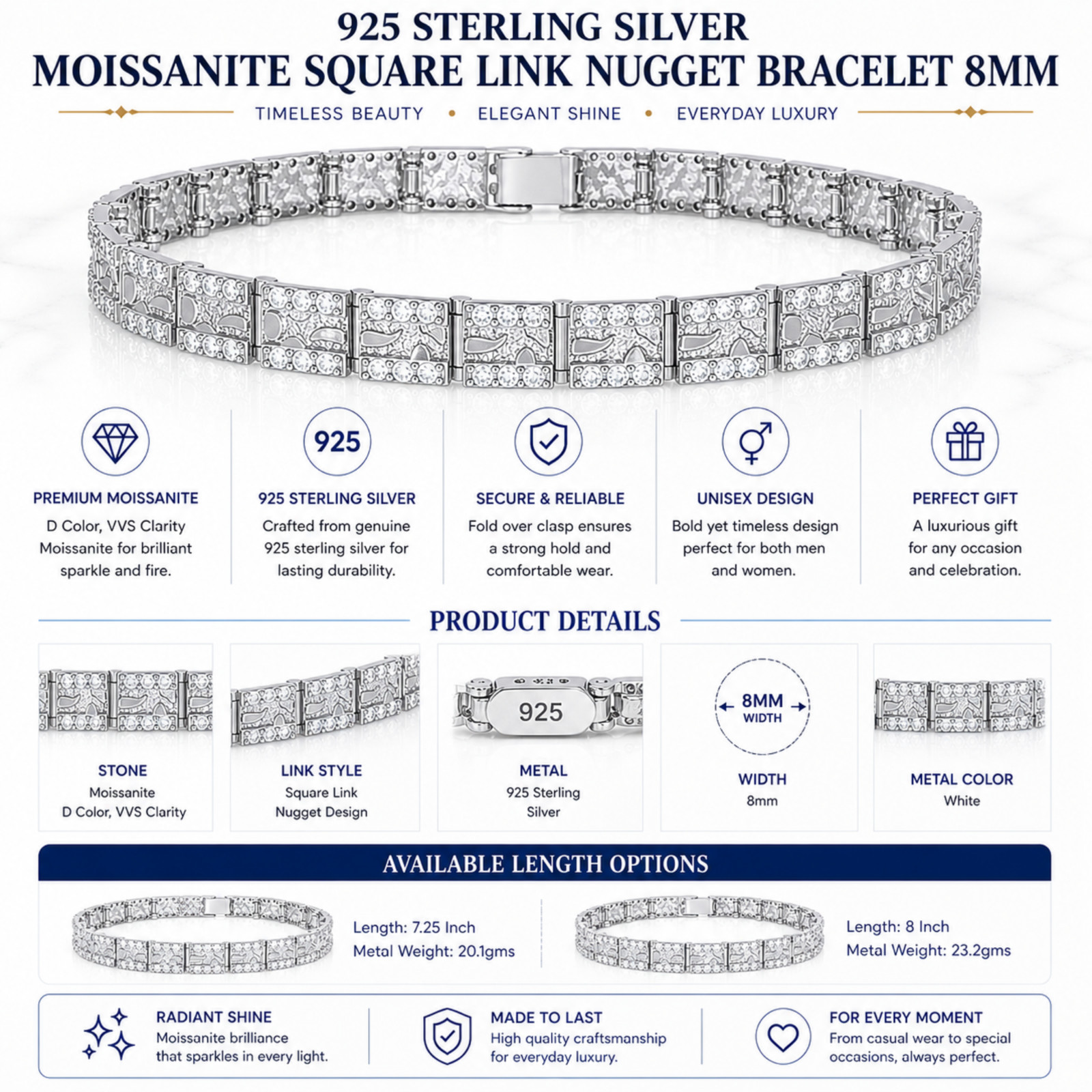 Moissanite Bracelet 925 Silver 8mm Nugget Square Link D VVS 7.25 and 8 Inches