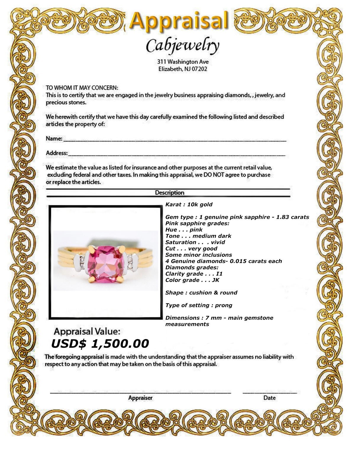 GENUINE 1.83 Cts PINK SAPPHIRE & DIAMOND RING 10K GOLD – Free Appraisal Service