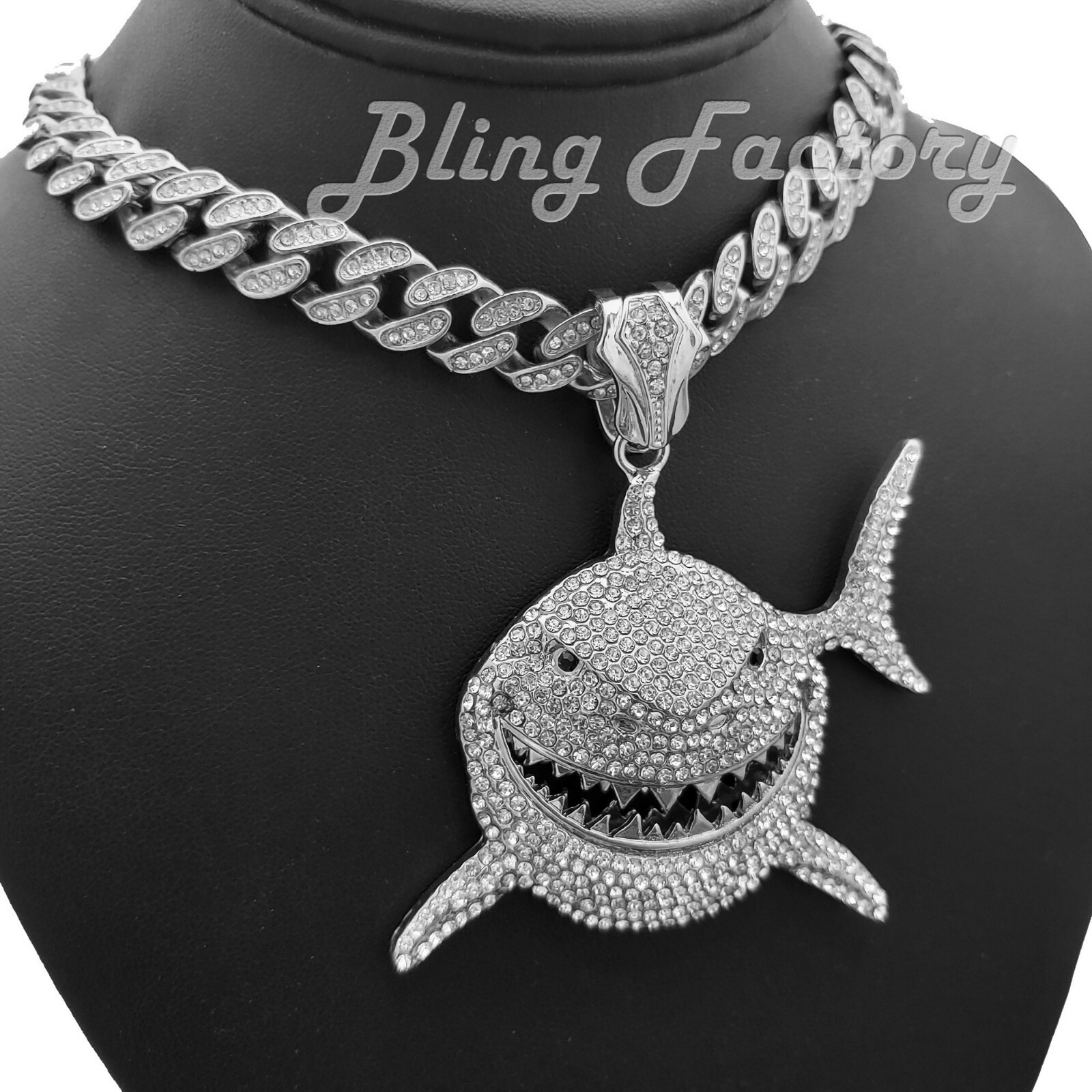 Silver Plated Alloy Large Shark & 16″ ~ 24″ Cubic Zirconia Cuban Chain Necklace